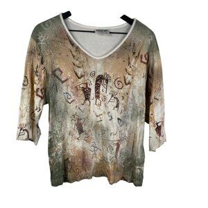 Cactus Bay Top Petroglyph Kokopelli Graphic 3/4 Sleeve Embellished Tan XXL